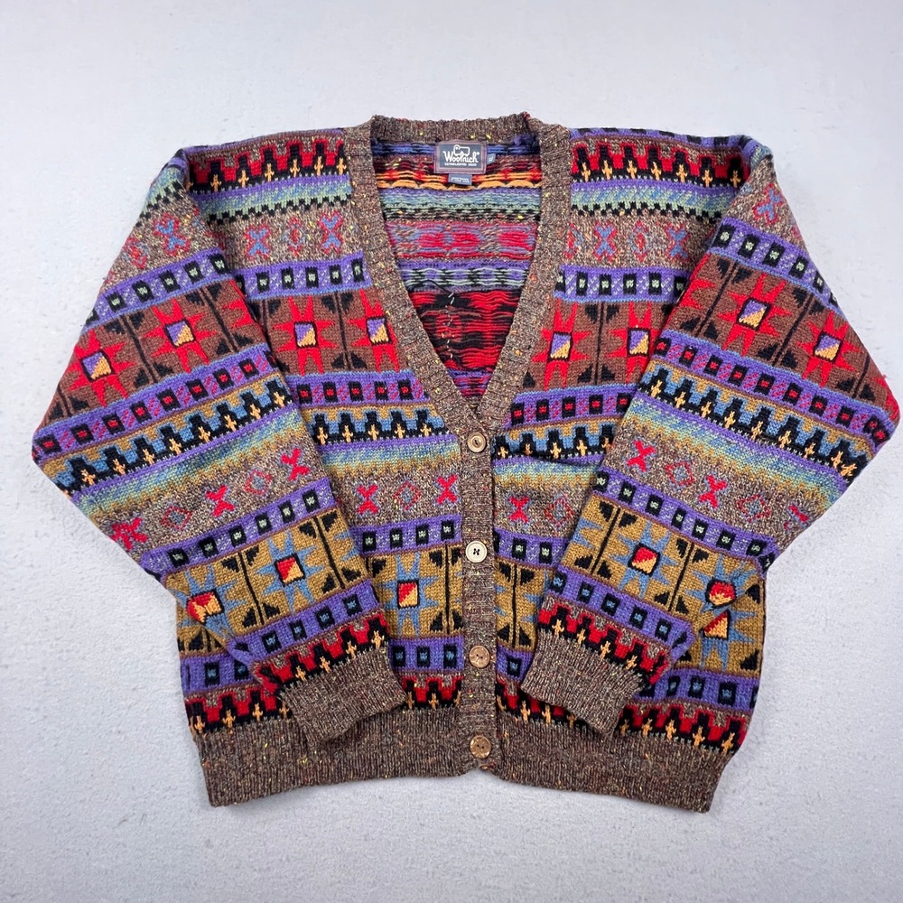 Woolrich Cardigan Sweater Mens XL Brown Multi Fair Isle Geometric Vintage Knit